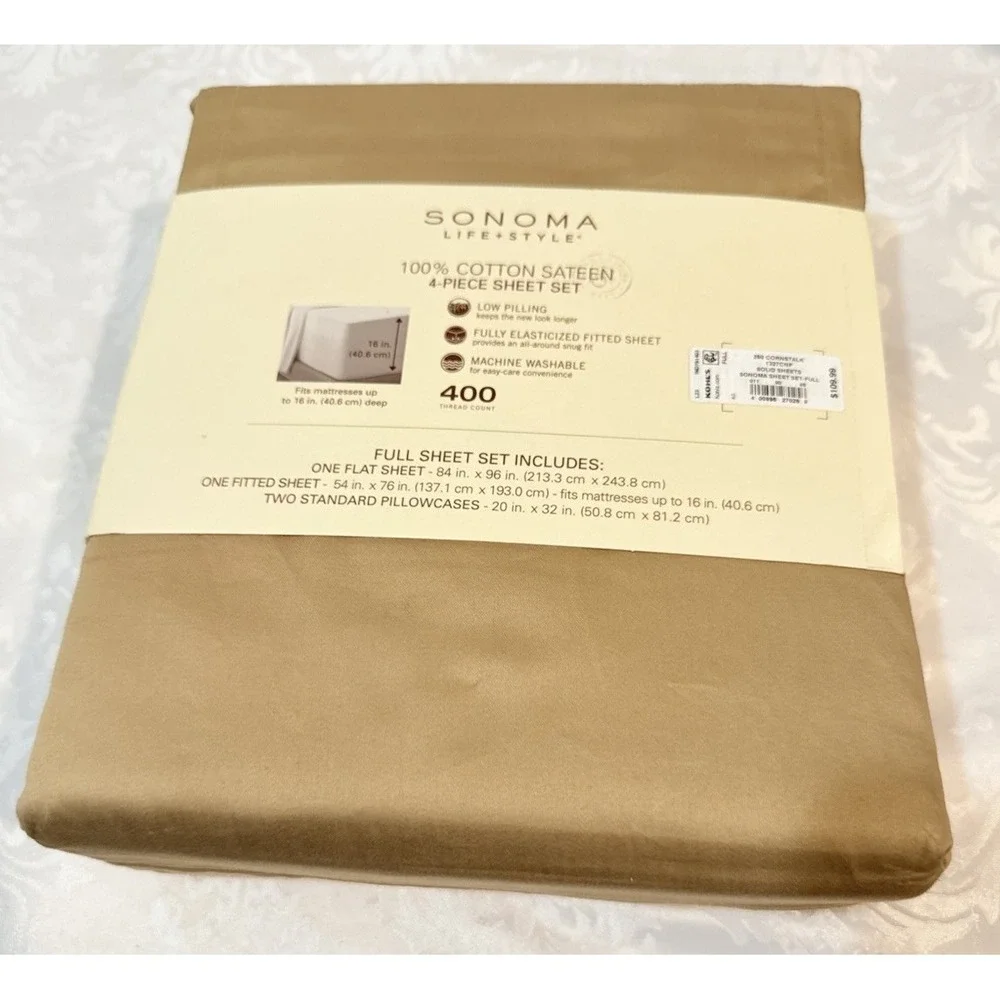 Sonoma Life + Style 100% Cotton Sateen 400 Count Full 4 Piece Sheet Cornstalk